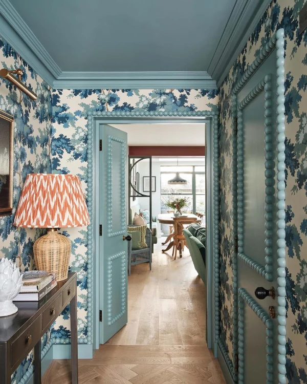 blue hallway idea with wallpaper and beading trim