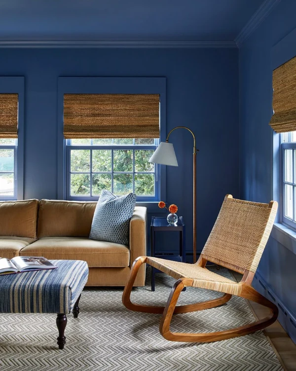 dark blue living room with light wood furniture