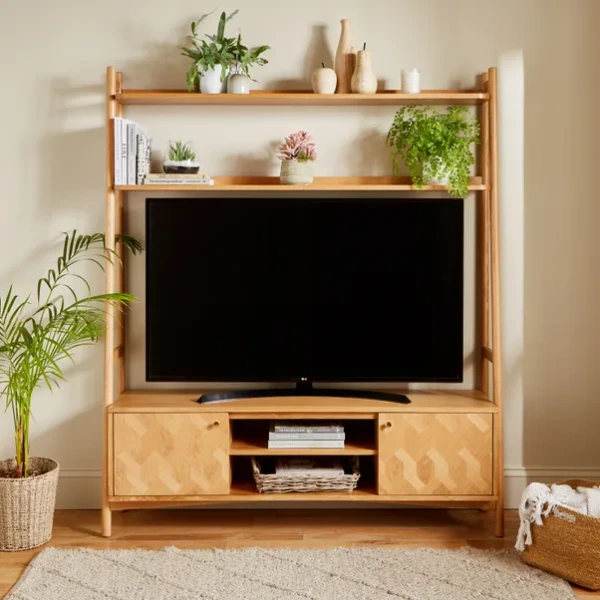 tv stand media wall for storage in a living room