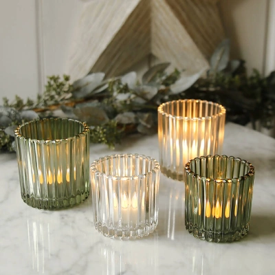 Scandi tealight holders ribbed glass in green and white for living room