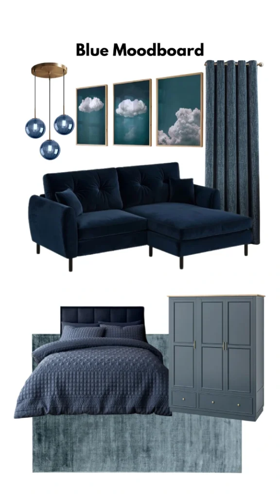 cozy blue decor ideas for living room and bedroom mood board