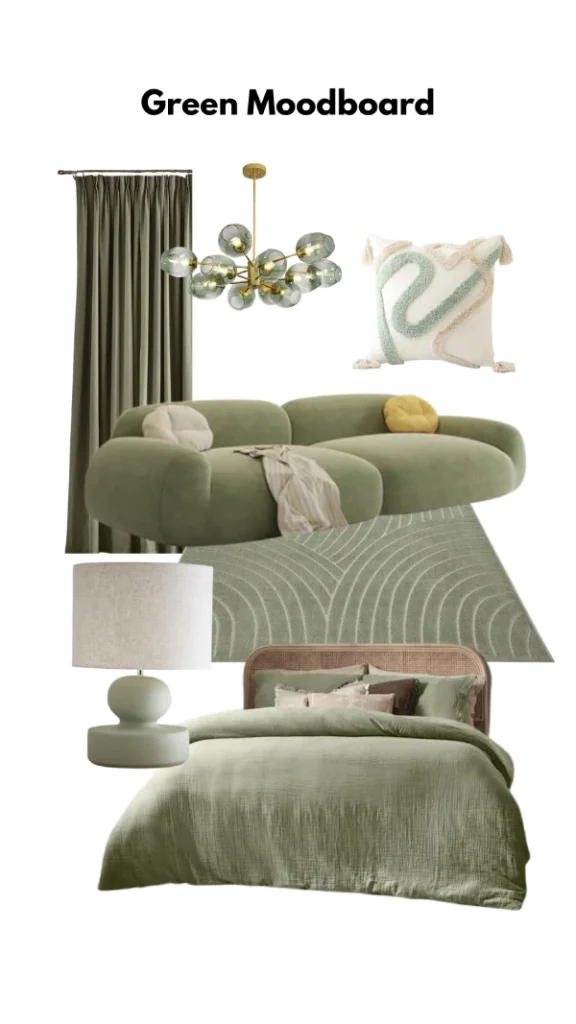 cozy green decor for living room and bedroom mood board