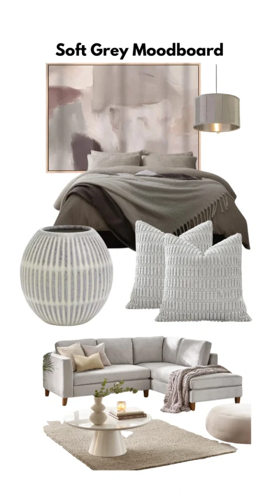 cozy grey bedroom and living room decor mood board