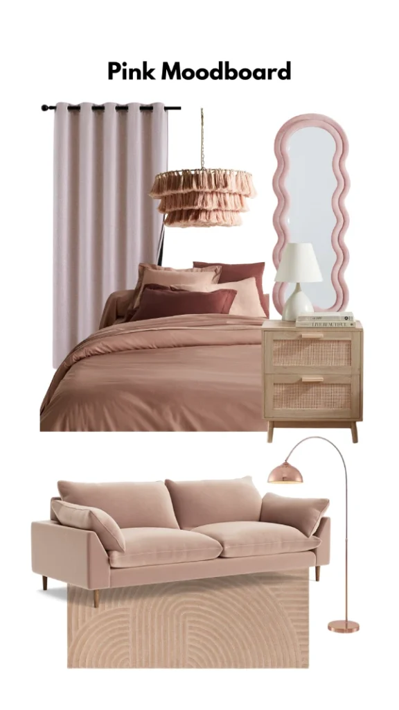 cozy pink decor ideas for bedroom and living room mood board