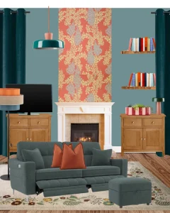 Teal and red living room mood board