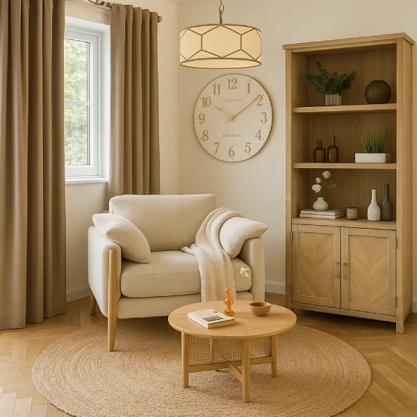 beige and taupe minimalist living room with reading nook