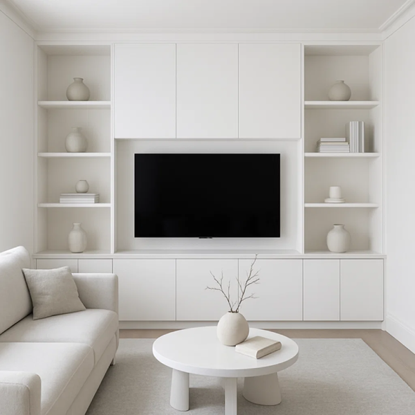 white minimalist living room with built in media wall