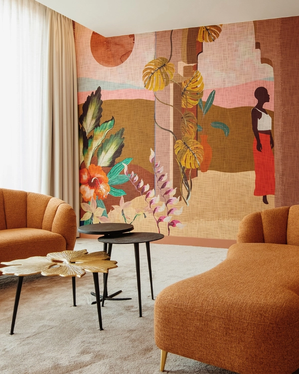 accent wall in living room with wall art wallpaper