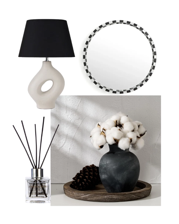 black and white shelf decor ideas mood board