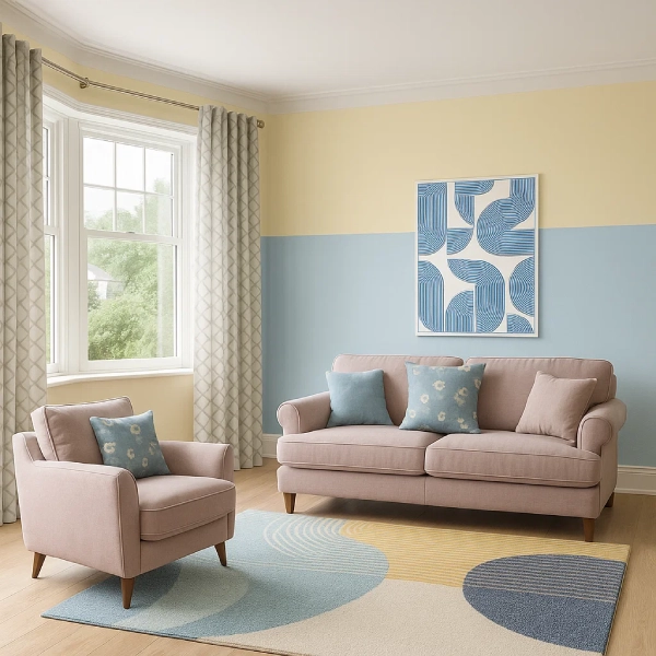 blue and yellow living room minimalist
