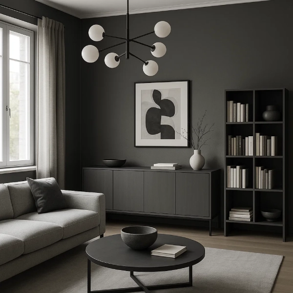 grey and black living room colour drenched