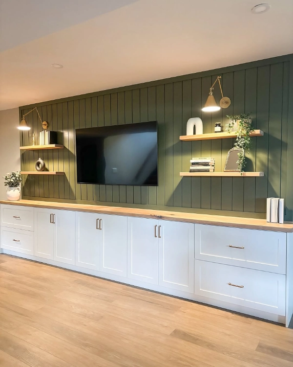 slat wall panelling accent wall behind TV