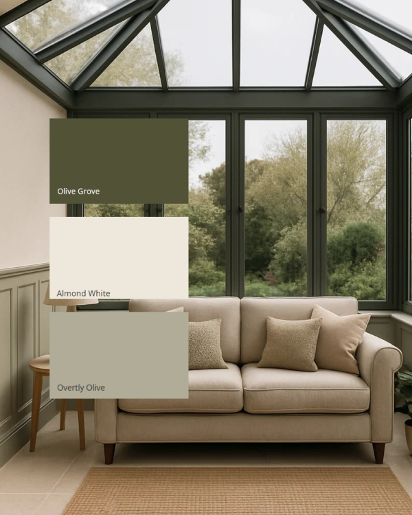 How to style olive green in a conservatory room with almond white