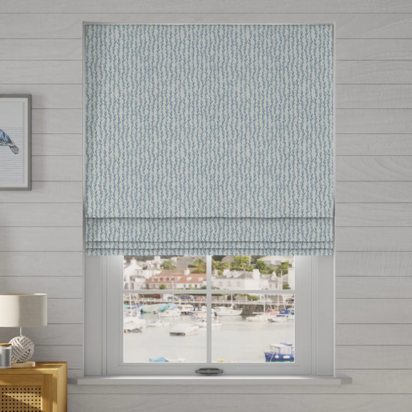 coastal wave pattern roman blinds in light blue
