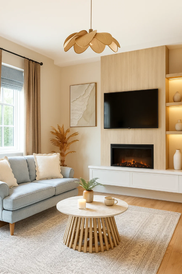 dulux natural calico living room scheme with fireplace feature wall