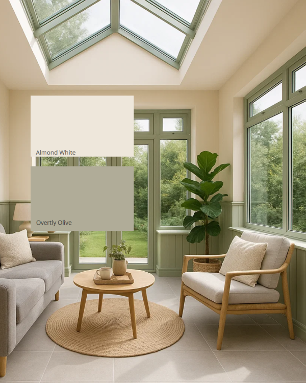 overtly olive and almond white in a conservatory