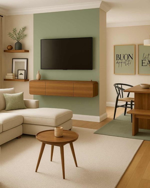Dulux Bakers Flour and Little Green Aquamarine Open Plan Living Room and Dining Room - Image 6