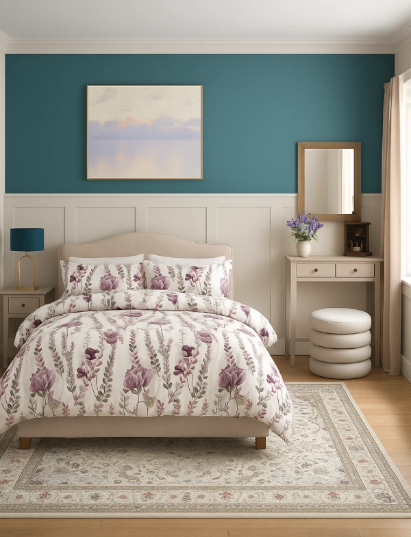 beige and teal bedroom