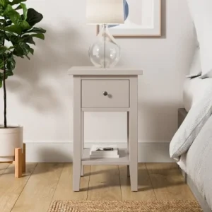 neutral bedside table for small bedroom