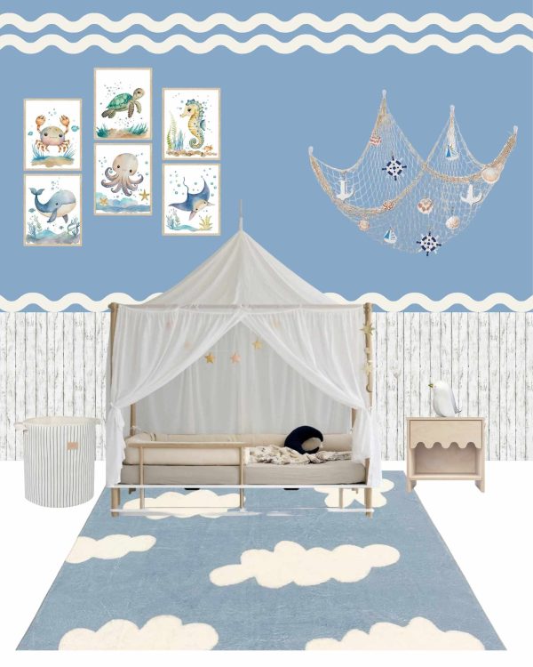 Blue and White Coastal Theme Toddler Bedroom - Farrow & Ball Area Blue - Image 2