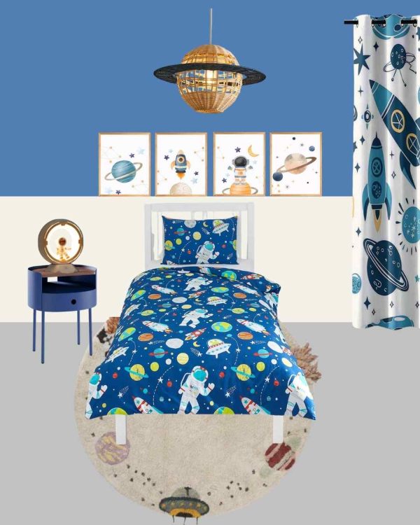 Blue and White Space Theme Toddler Bedroom - Farrow & Ball Peal Flower Blue - Image 4