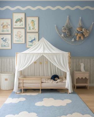 Blue and White Coastal Theme Toddler Bedroom - Farrow & Ball Area Blue