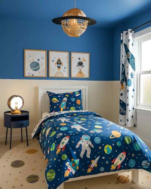 Blue and White Space Theme Toddler Bedroom - Farrow & Ball Peal Flower Blue