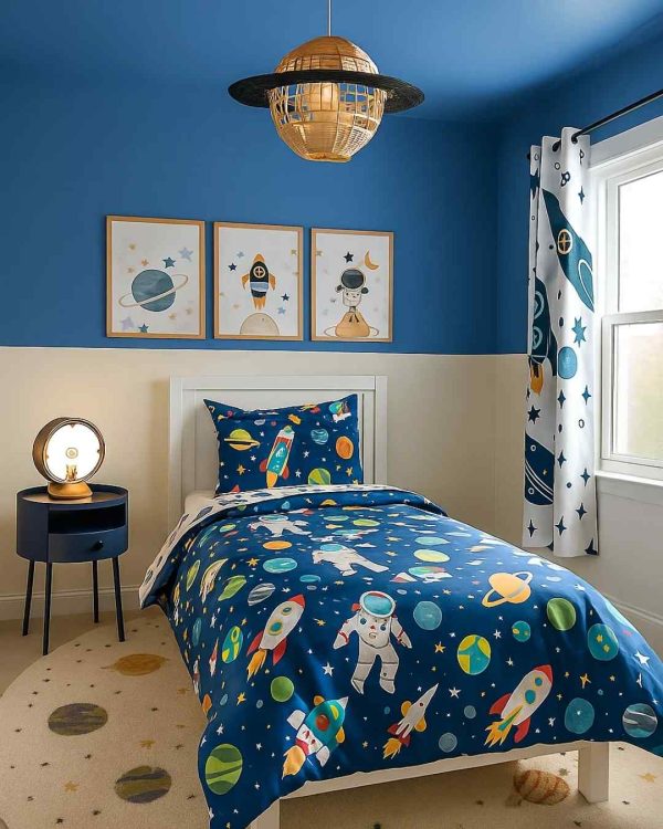 Blue and White Space Theme Toddler Bedroom - Farrow & Ball Peal Flower Blue