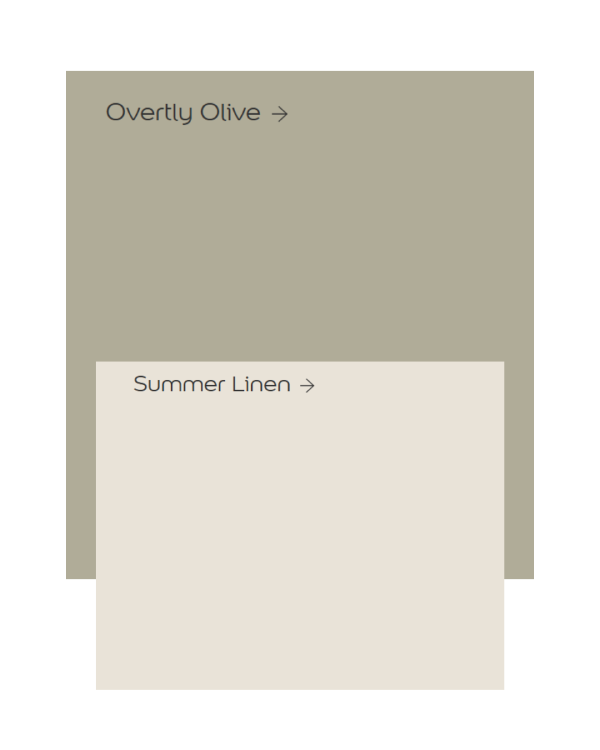 Image of green and cream paint swatches to go together for a room using Dulux Overtly Olive and Dulux Summer Linen