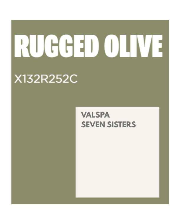 Image of paint colour swatches to use together for a green and cream room using Valspa rugged olive and Valspa seven sisters