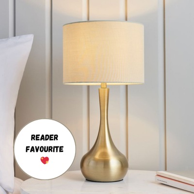 bedside table lamp to go in a neutral bedroom - gold and cream table lamp