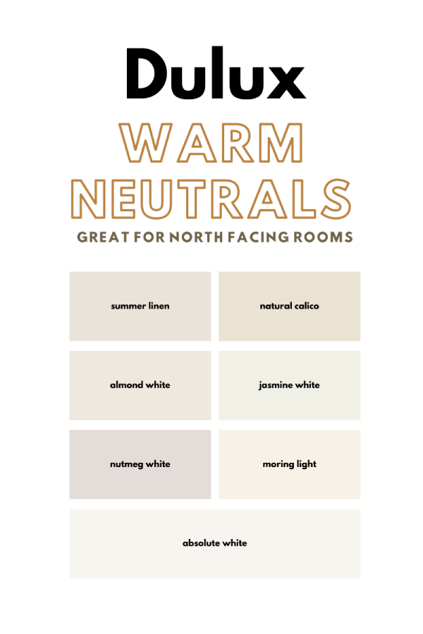 infographic of paint swatches showing the best neutral colours to use in a north facing room