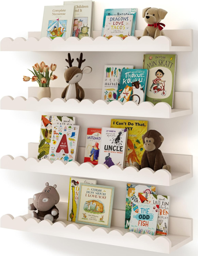 cloud theme floating shelves in white for a babys nursery