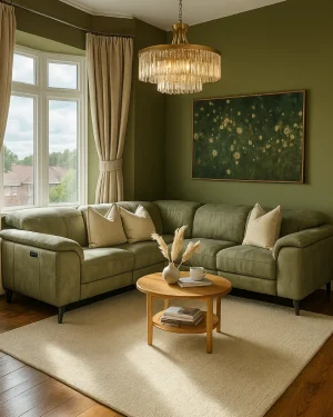 image of a colour drenched olive green living room