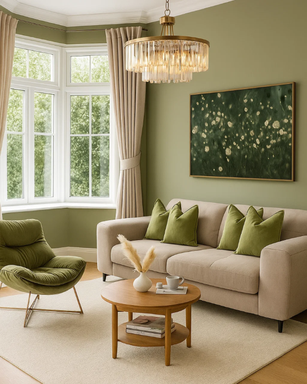 image of an elegant olive green living room with beige sofa