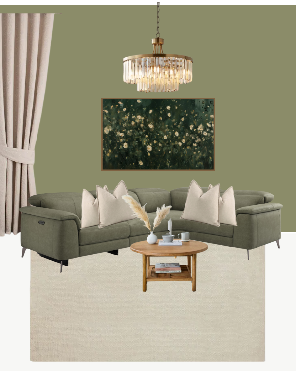 mood board of a colour drenched olive green living room