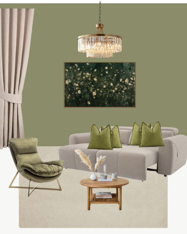 mood board of an olive green living room with beige sofa and curtains