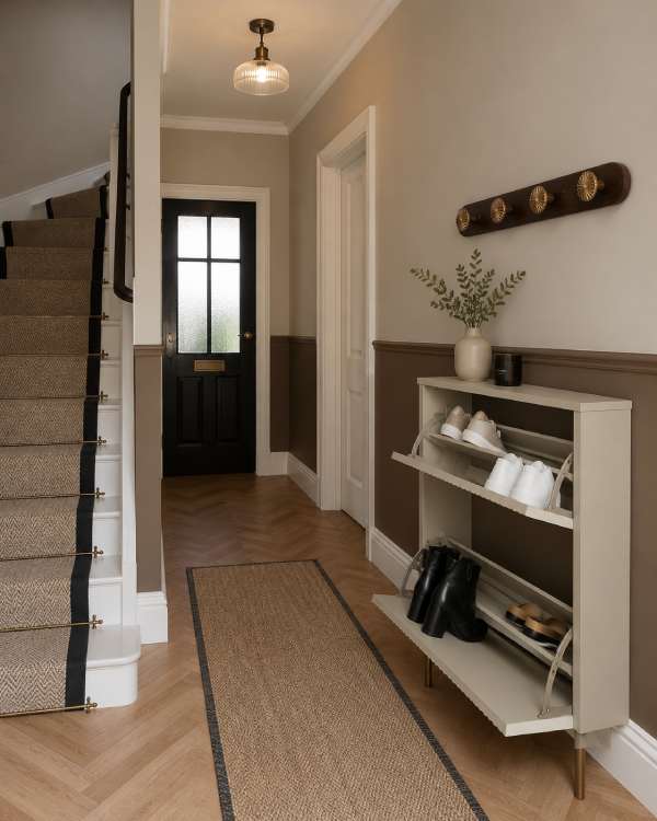 brown and beige hallway idea using farrow and ball dropcloth and wainscot paint