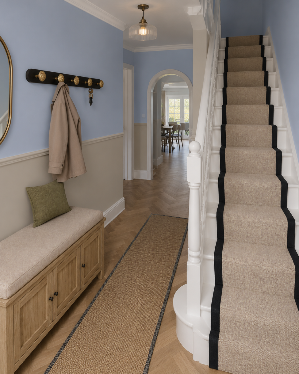 purple and beige hallway idea using farrow and ball dropcloth paint