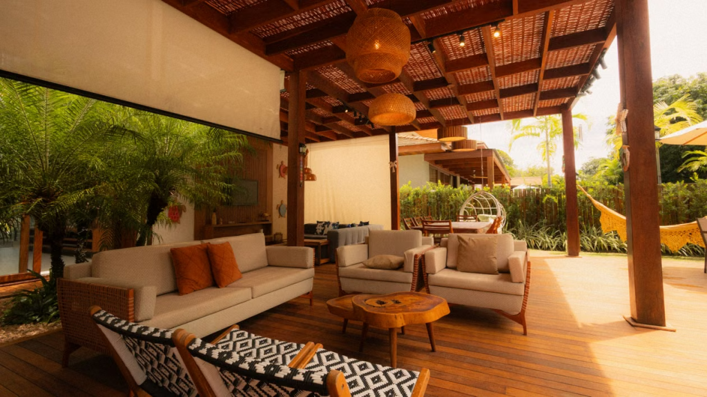 boho modern century garden patio with wooden pergola and elegant seating area