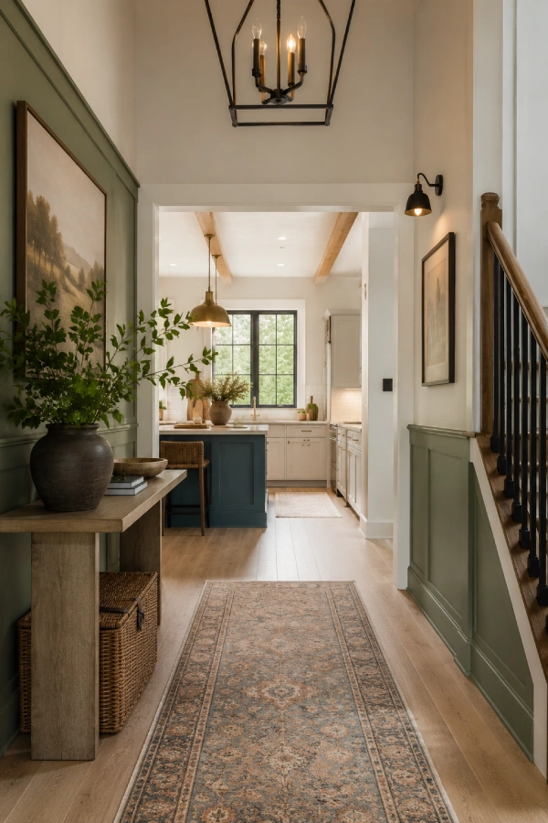 forest green and white hallway idea with open plan kitchen