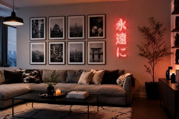 modern high rise apartment living room with wall art and neon signs as decor
