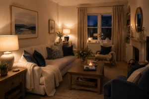 neutral cream living room with blue decor in a cozy lit room at evening