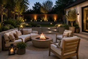 neutral garden furniture with firepit for a cozy garden
