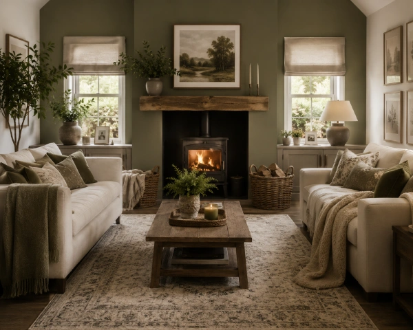 olive green and cream living room farmhouse aesthetic with cozy fireplace and a large area rug