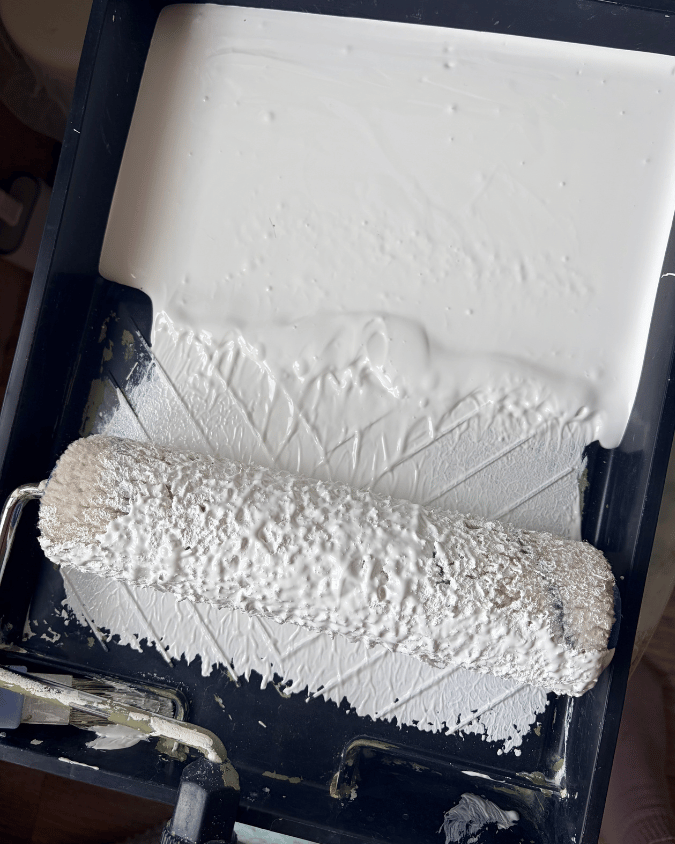 Dulux Brilliant White bathroom paint in paint tray
