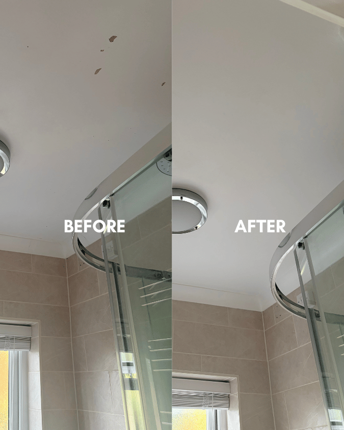 before and after Dulux Brilliant White bathroom ceiling makeover