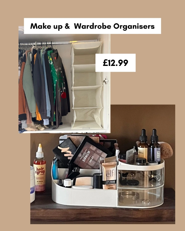 storage solutions for uni students in halls - makeup and wardrobe organisers
