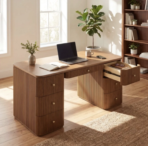 oak desk for work from home office with lots of storage and a mid century design