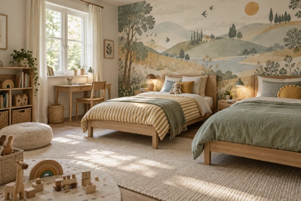 image of a kids bedroom with mural wallpaper feature wall of a landscape
